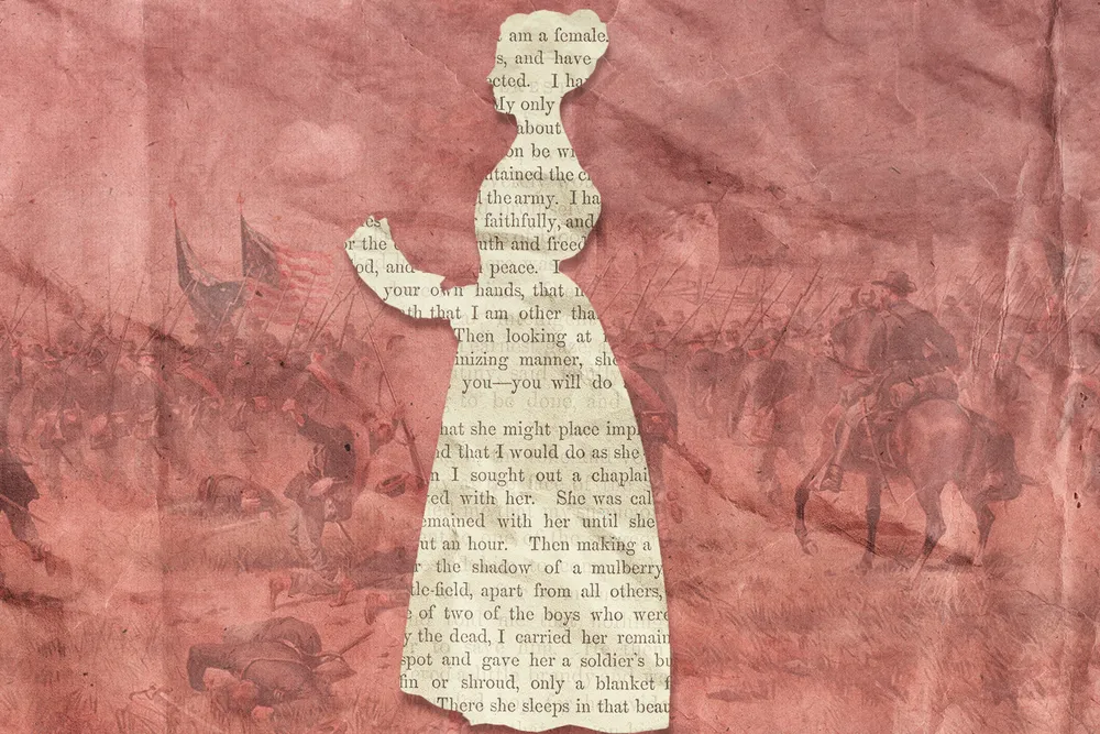 A silhouette of a woman in front of a depiction of the Battle of Antietam