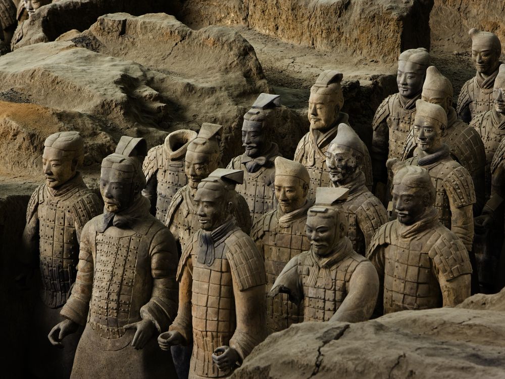 Close-up shot of terra-cotta soldiers