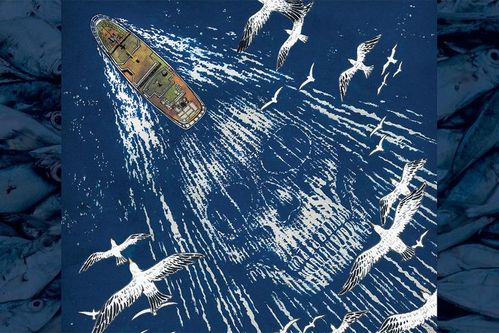 illustration of a ship with a skull pattern in the waves