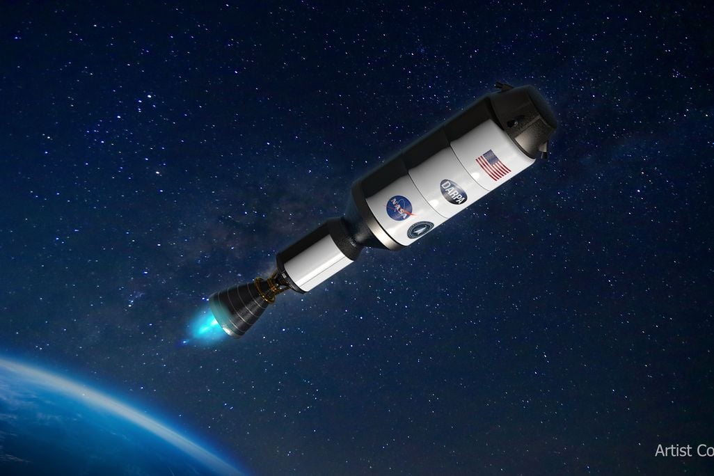 Artist's concept of a spacecraft flying away from Earth