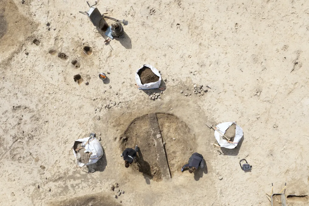 An overhead view of an archaeological dig site