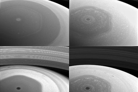 This collage of images from NASA's Cassini spacecraft shows Saturn's northern hemisphere and rings as viewed with four different spectral filters. Each filter is sensitive to different wavelengths of light and reveals clouds and hazes at different altitudes.