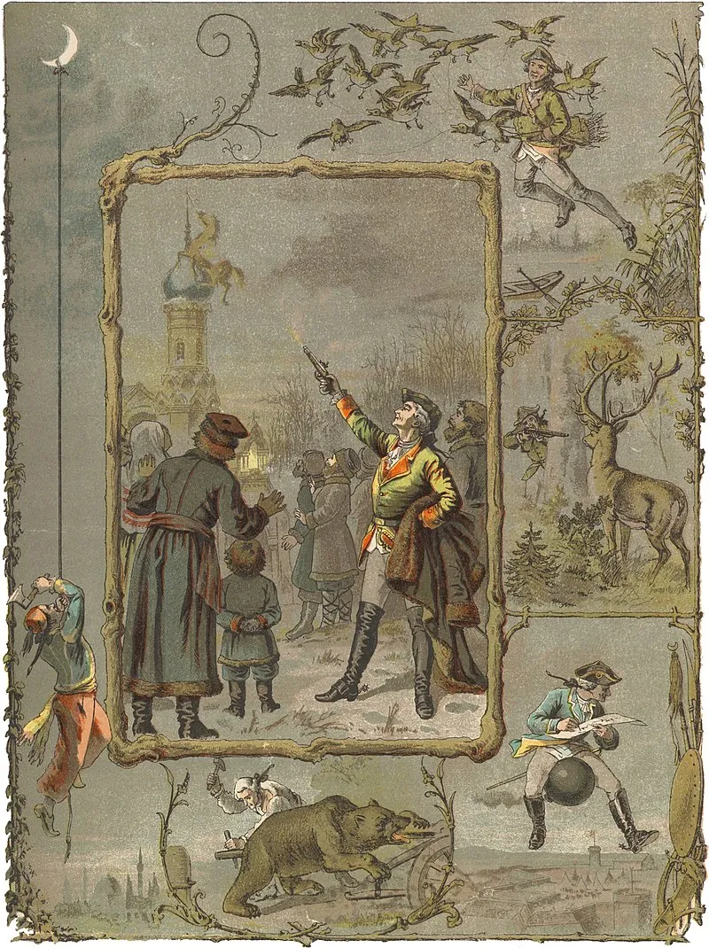 An 1890 illustration of Munchausen's adventures