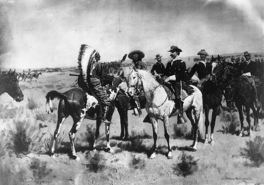 Frederic Remington painting of General Nelson Miles speaking with Sitting Bull after the U.S. Army's defeat at Little Big Horn