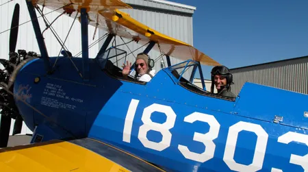 The author riding in the Stearman with pilot Matt Quy.
