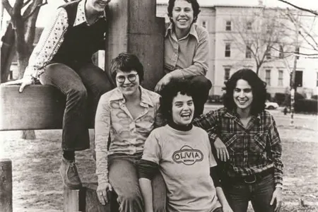 From left to right: Jennifer Woodul, Meg Christian (in glasses), Ginny Berson (whose hand is on Meg's leg), Kate Winter (above) and Judy Dlugacz (far right).