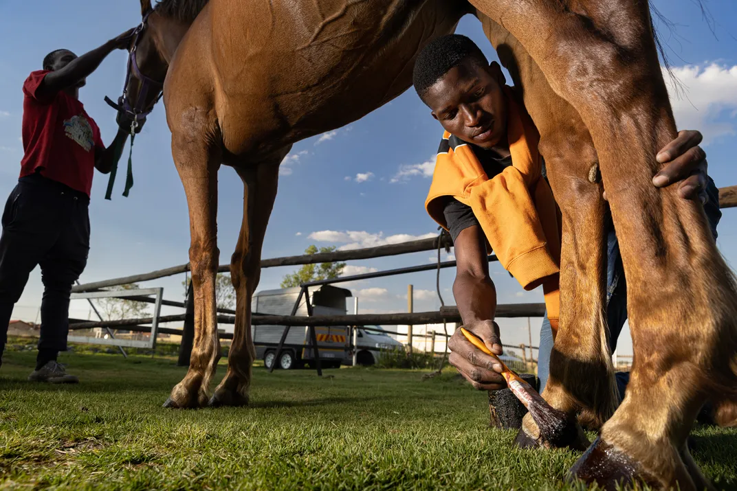 For trainers Masemola, far left, and Clifford Lekgau, presentation and the health of the horse are paramount. Here, they put the finishing touches on Mafokate’s horse before he enters the ring.