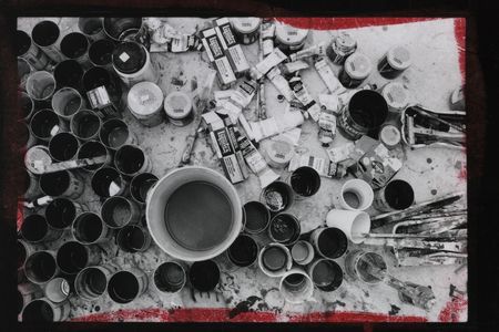 Gene Davis' studio, summer 1971, detail from contact sheet with images of Andrew Hudson, Bill Christenberry, and Gene Davis, 1979 / Mary Swift, photographer. Mary Swift papers, circa 1970-2005. Archives of American Art, Smithsonian Institution.