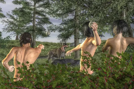 Artistic reconstruction of a group of hominins in direct competition for carrion with a hyena