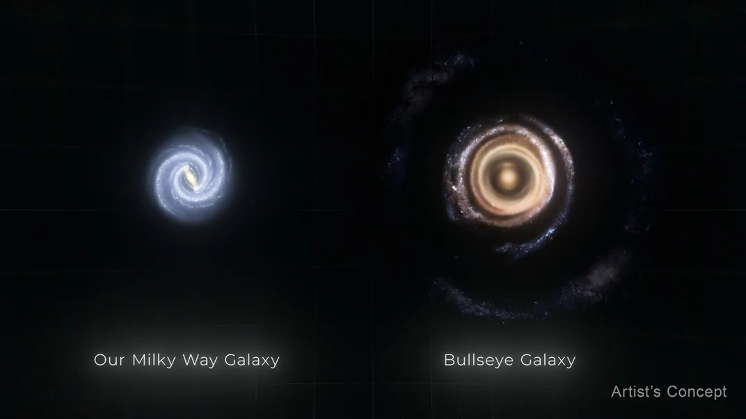 An illustration comparing the size of our own Milky Way galaxy to galaxy LEDA 1313424