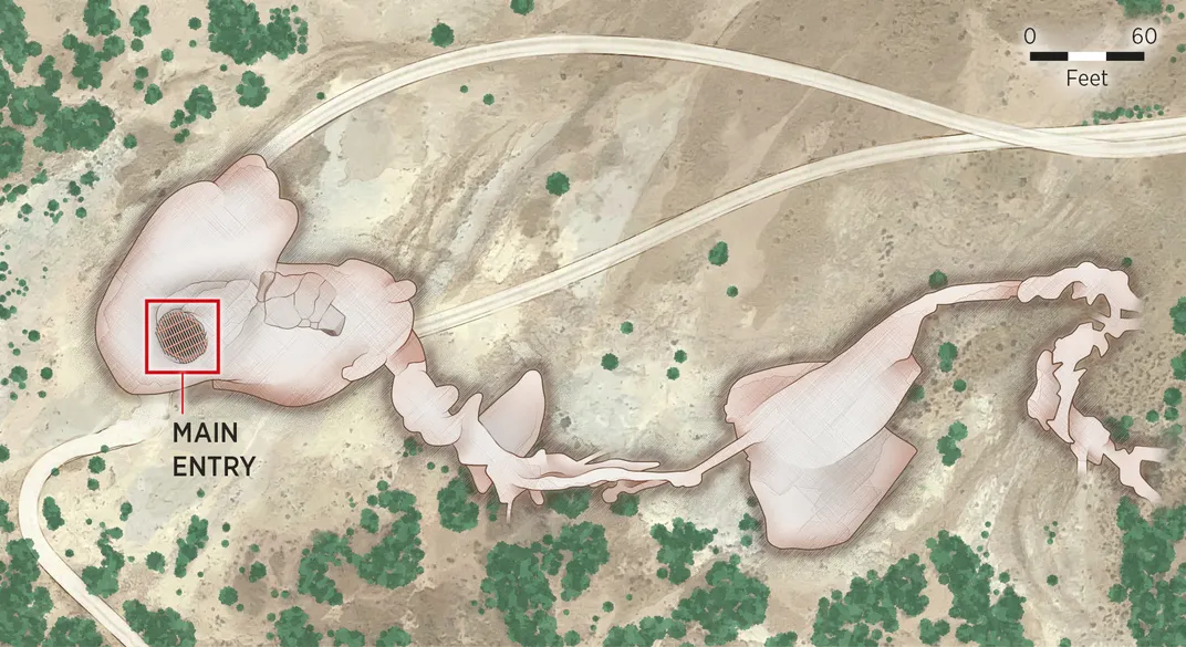 BIRD'S EYE - Laser measurements superimposed on a bird’s-eye view of the landscape mark the present outline of Natural Trap Cave. As animals ran across the narrow ridge from east to west, the cave entrance would have remained hidden from view until it was