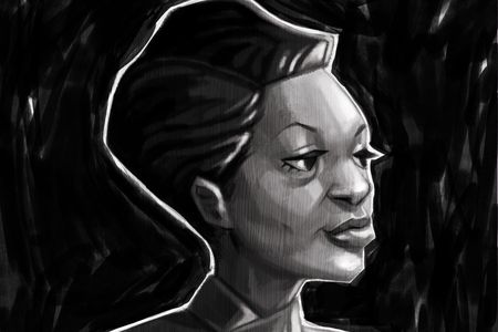An illustrated portrait of the artist Augusta Savage in black and white