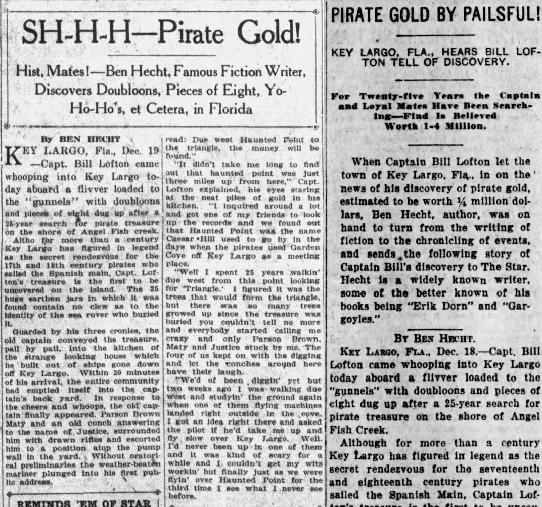 Newspaper articles about the purported discovery of pirate gold in Key Largo