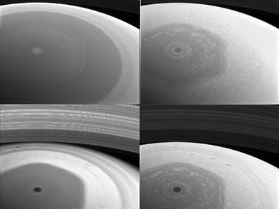 This collage of images from NASA's Cassini spacecraft shows Saturn's northern hemisphere and rings as viewed with four different spectral filters. Each filter is sensitive to different wavelengths of light and reveals clouds and hazes at different altitudes.