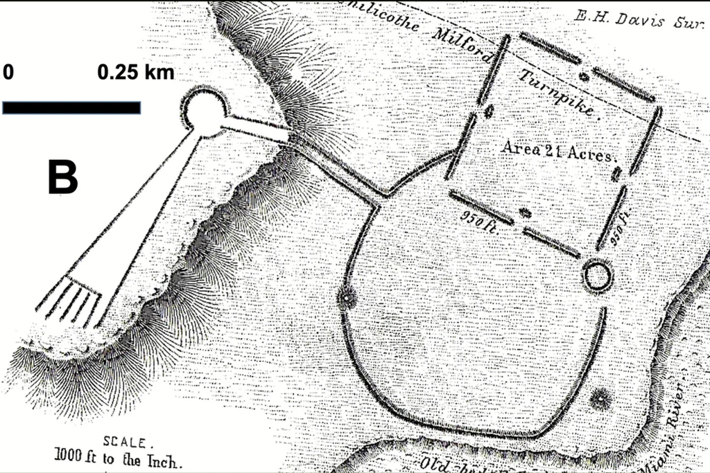 An illustration from 1894 of a comet-shaped mound/earthwork the Hopewell built