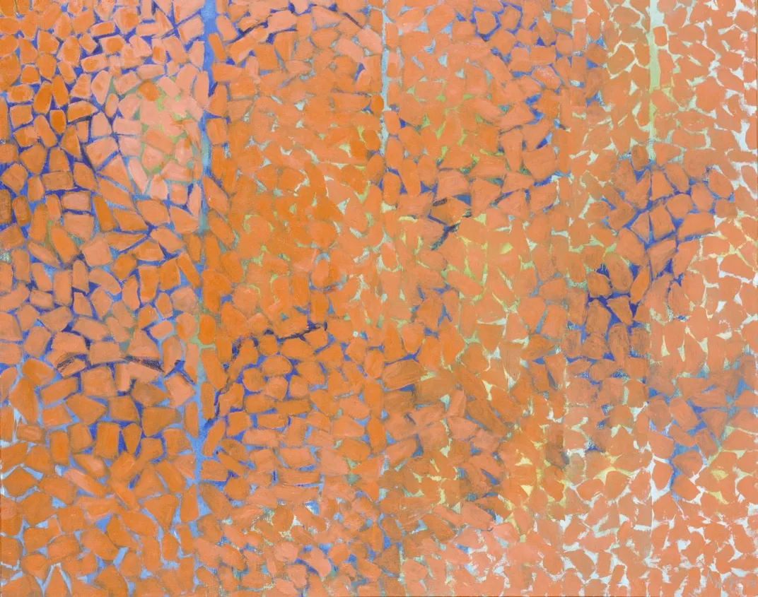 An abstract painting in blue and brown