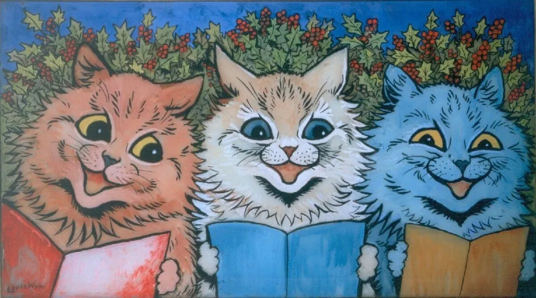 kačių, dainuojančių kalėdines giesmes, iliustracija