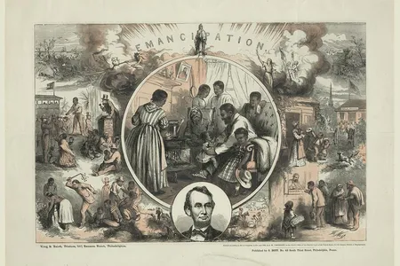 Famed illustrator Thomas Nast designed this celebration of emancipation, with Abraham Lincoln inset at the bottom, in 1865