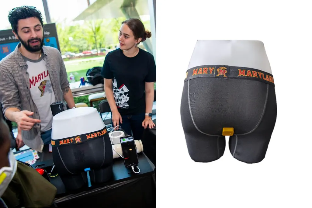 Left: two people standing near a mannequin with the device. Right: A mannequin with the device.