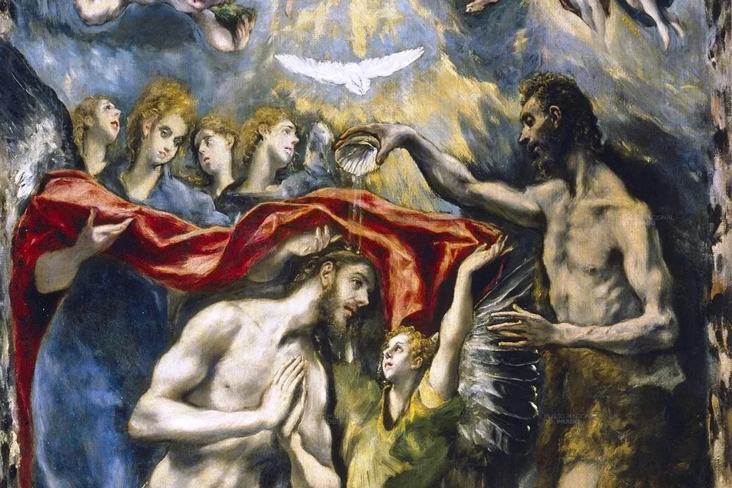Oil painting showing the baptism of Jesus Christ