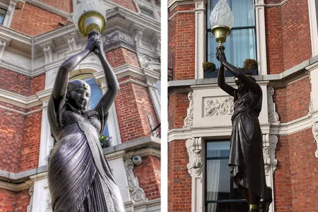 The statues have stood outside of the Shelbourne Hotel since 1867.