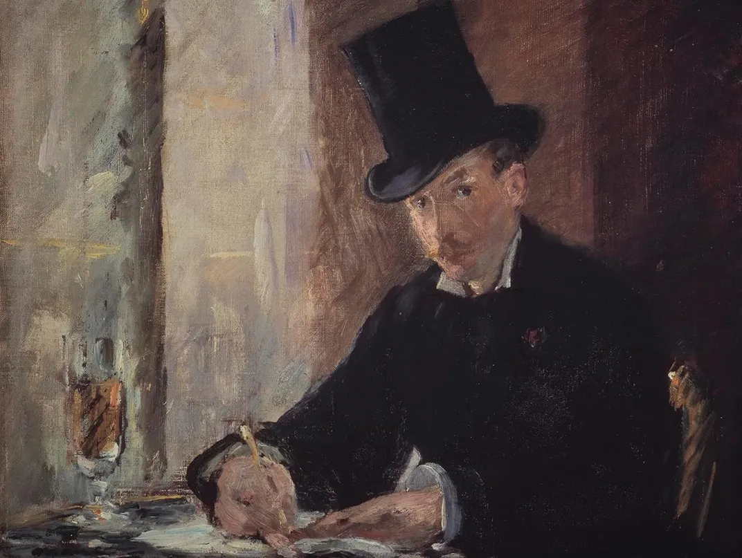 An oil painting of a white man in a black suit and a black hat, writing a letter and looking at the viewer
