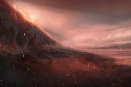 An illustration showing iron rain showering down on the exoplanet WASP-76b, where a permanent temperature gradient pushes gassy iron into cooler regions, where it turns into liquid