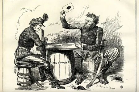 Lincoln and Jefferson Davis were often portrayed together. Here, Davis is drawn as a Confederate general.