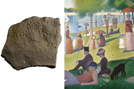 The 38,000-year-old woolly mammoth carving next to Georges Seurat's "A Sunday on La Grande Jatte." Despite the vast amount of time between their respective creations, both use a collection of dots to form a larger image. 