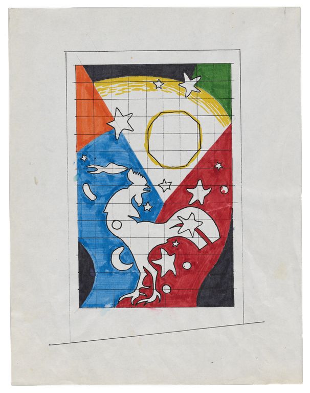 Multi-colored schematic drawing for East is West sculpture