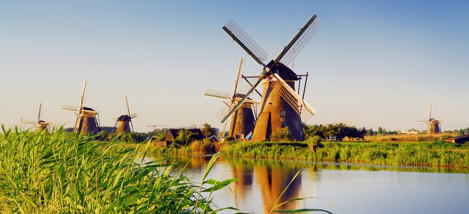  Windmills along the river in Kinderdijk 