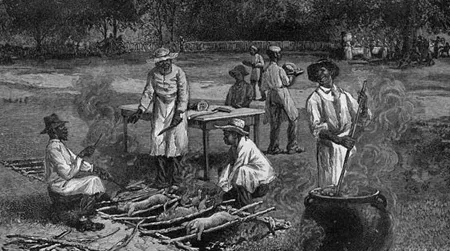 A Southern Barbecue, a wood engraving from a sketch by Horace Bradley, published in Harper&rsquo;s Weekly, July 1887.
