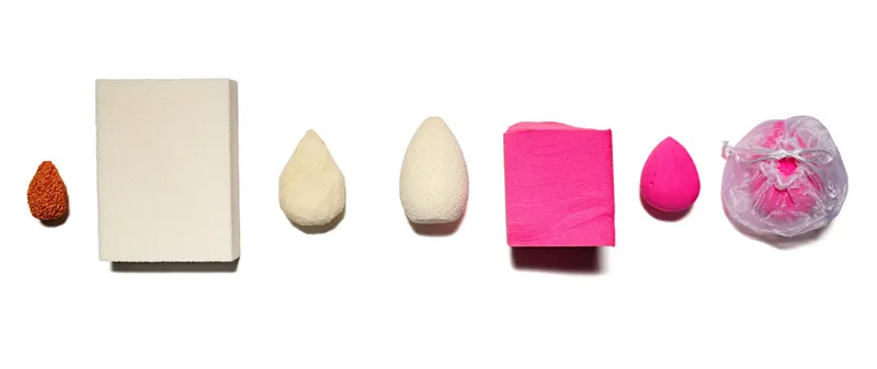 Several sponges of different sized and shapes, arranged in a line to show changes over time