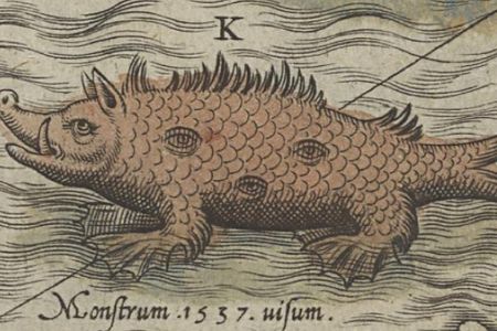 Jonah is cast overboard to a sea monster in an image from the earliest known atlas, the Theatrum orbis terrarum, by Flemish cartographer Abraham Ortelius, first published in 1570.
