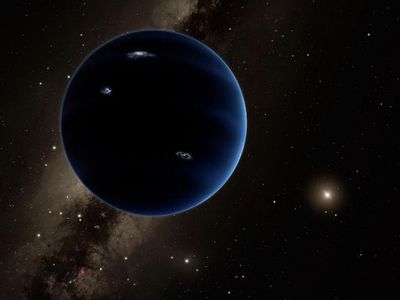 An artist's rendering of Planet Nine, looking back toward the Sun. This depiction is of a gaseous planet, like Uranus and Neptune, with lightning brightening the clouds on the dark side.