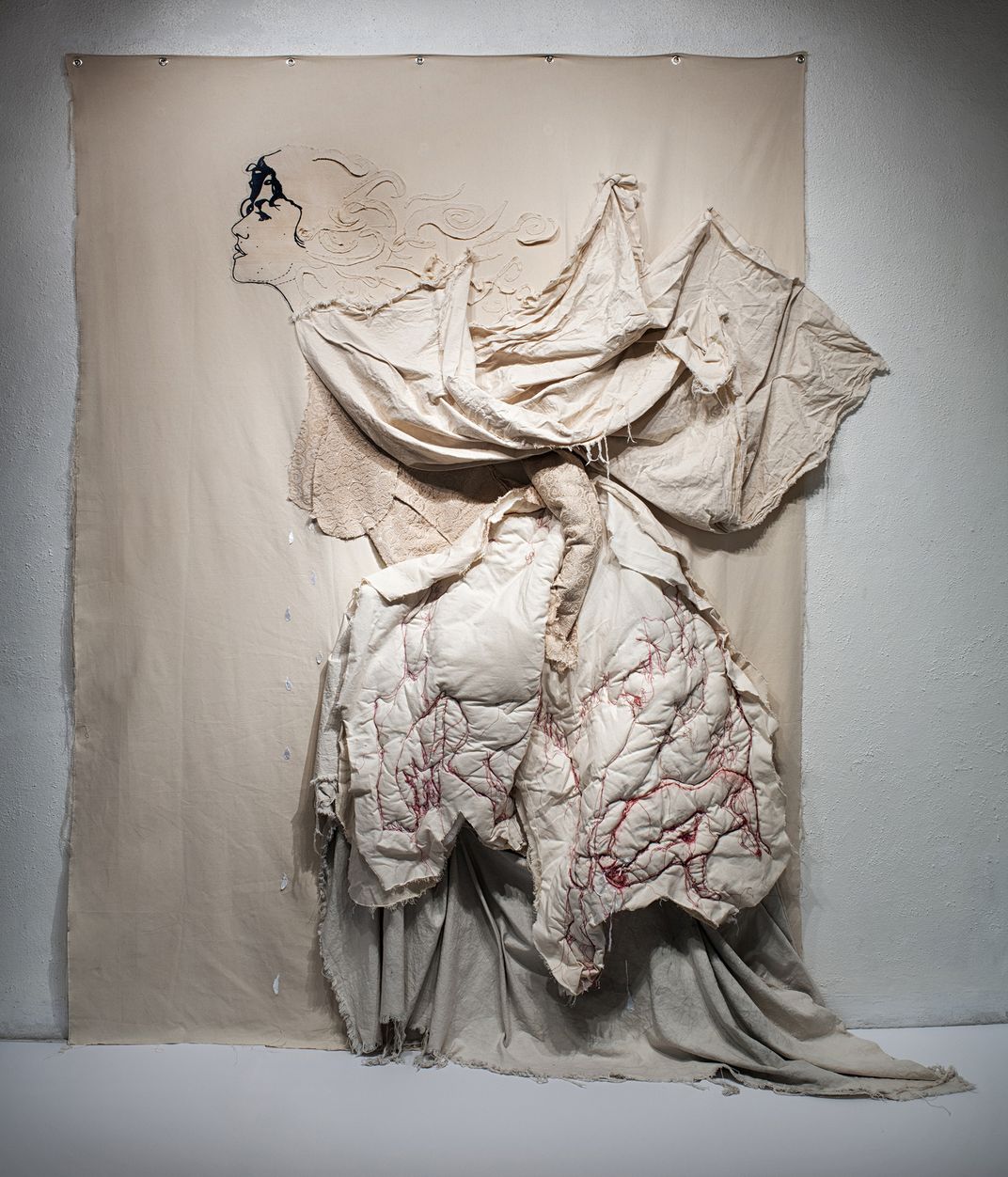 Elsa María Meléndez, Milk, 2020, canvas with silkscreen, embroidery, ink and other textiles