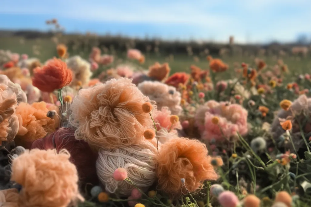 Balls of peach-colored yarn in a field