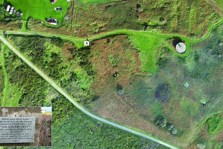 Photogrammetry view of site of Sylt concentration camp in 2017, with memorial plaque installed in 2008 seen at lower left