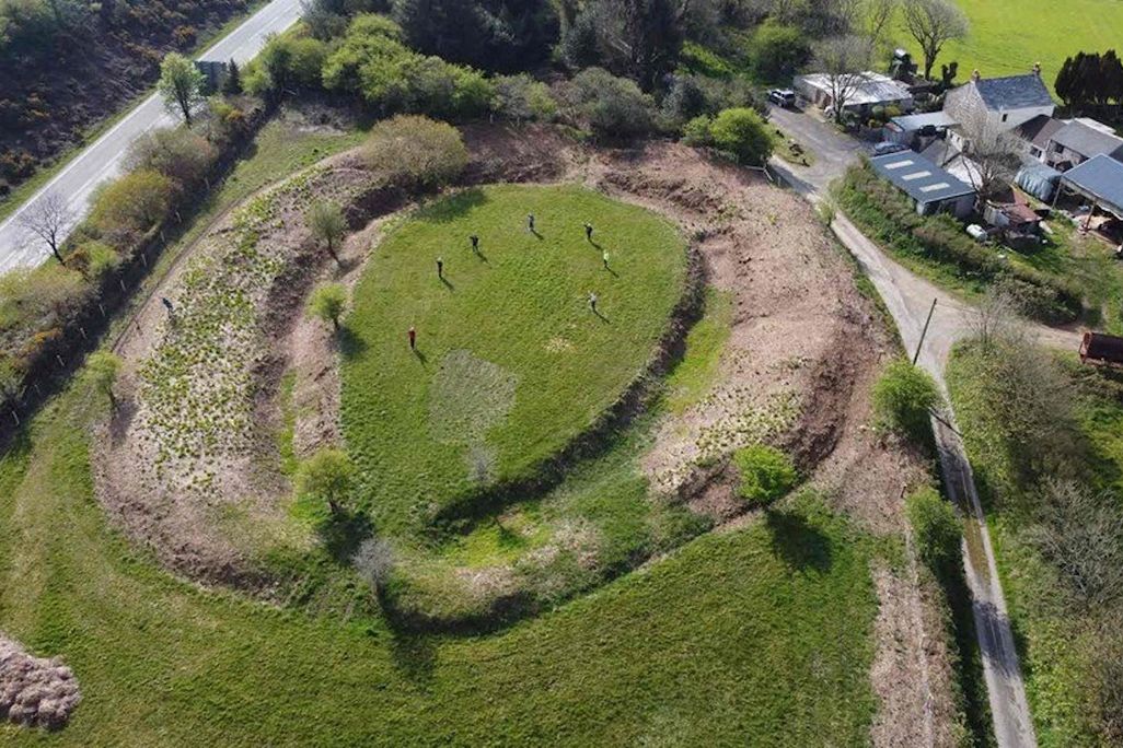 Aerial view of Castilly Henge in Cornwall, England