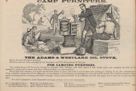 Murray & Baker, Chicago, IL. Awnings and Tents, Signs and Banners (1882), page 28, “Adams and Westlake Oil Stove.” (Smithsonian Libraries and Archives)

