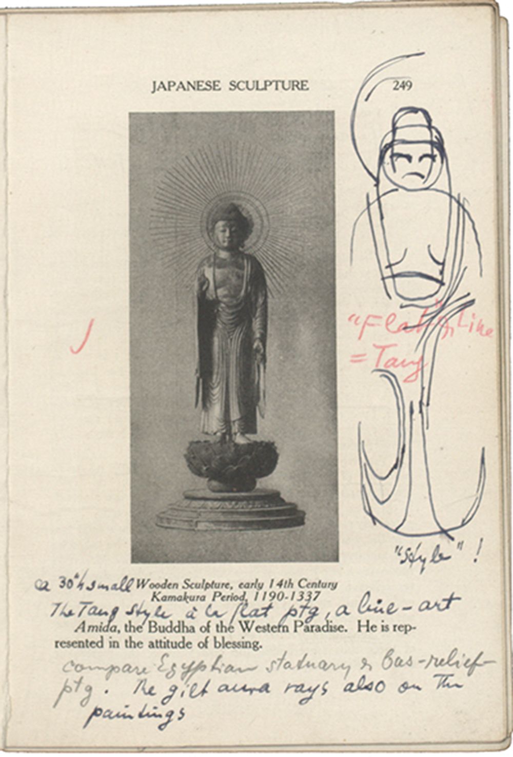 Printed book page with image of Amida buddha and ink sketch of buddha in the margin and notes in pencil, ink, and red wax pencil.