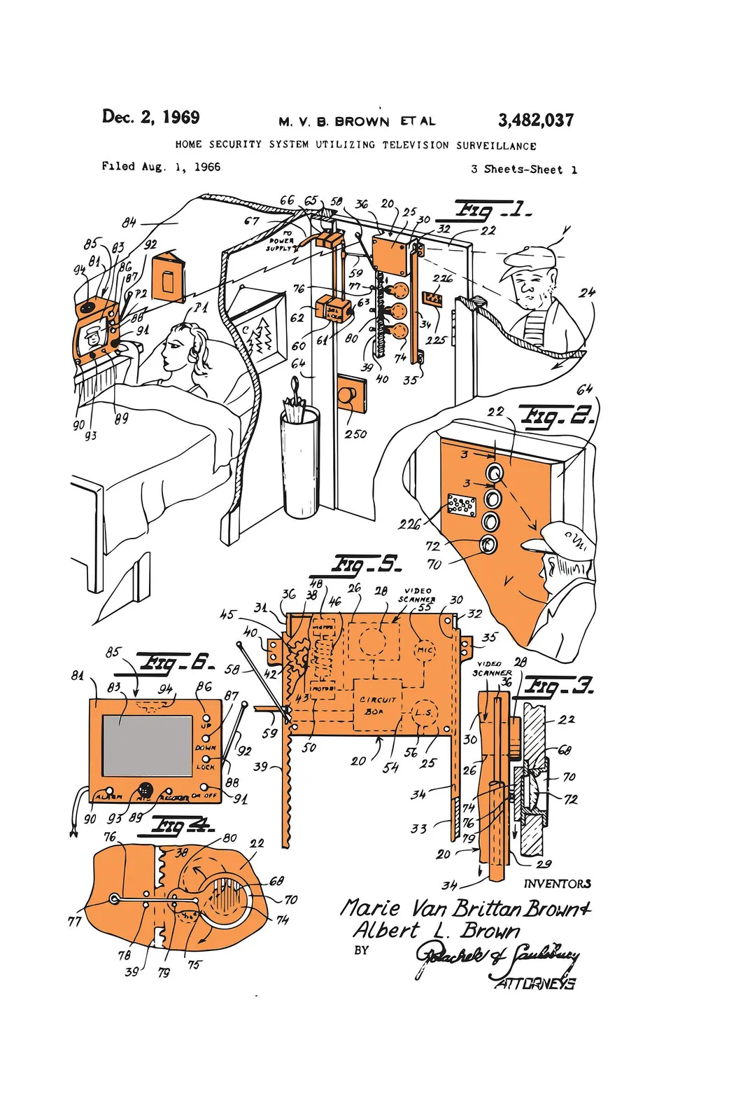 Patent application for bedside door security camera, sketched in black, white, and orange