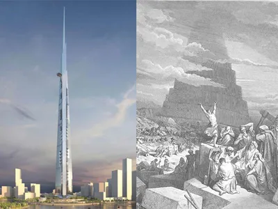 Left, the Kingdom Tower of Jeddah. Right, the Tower of Babel.