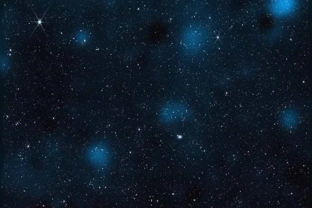image of space with blue circles representing dark matter