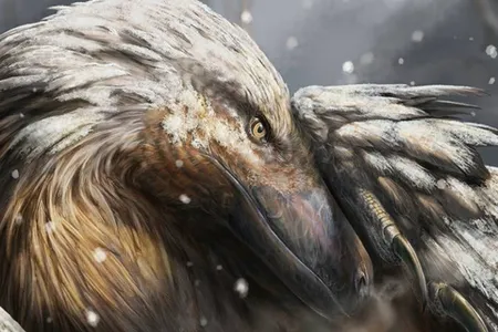 An artist&#39;s rendering of a feathered dinosuar in the snow. Feathers would have allowed dinosaurs, ancestors of birds, to trap their body heat in cold climates.