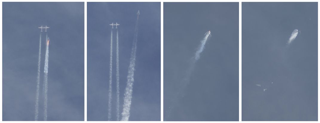 A combination of photos show Virgin Galactic's SpaceShipTwo as it detaches from the jet airplane that carried it aloft and then exploding over the skies of the Mojave Desert, California. Photo: STRINGER/Reuters/Corbis