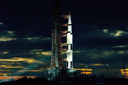The Apollo 17 Saturn V rocket, the last human flight to the moon, on its launch pad at dusk on November 21, 1972
