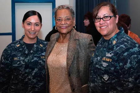 Navy Chief Petty Officers are pictured with retired Navy engineer Raye Montague after her keynote speech at a Women's History Month Observance held at Naval Support Activity South Potomac on April 4, 2017. 