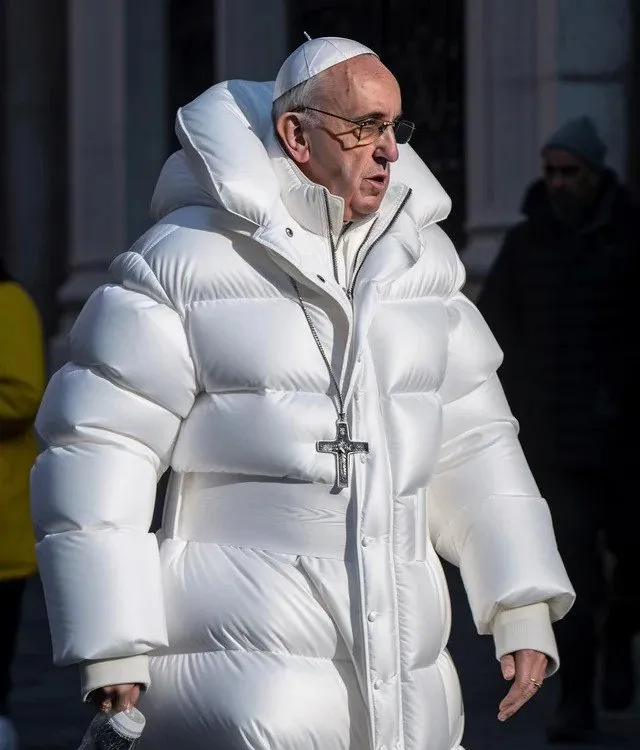 Pope Francis in a white puffer jacket, AI-generated