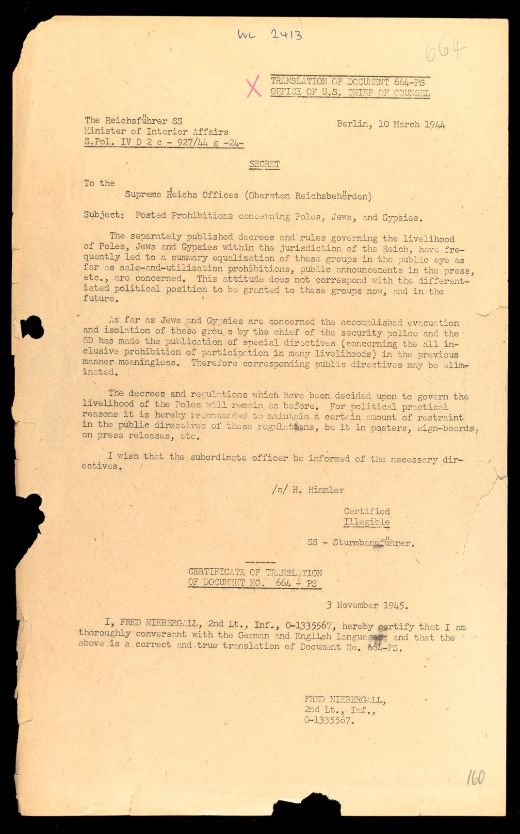 immler, "Posted Prohibitions Concerning Poles, Jews, and Gypsies" 10 March 1944, translation from the Nuremburg War Crimes trials Wiener Holocaust Library Collections
